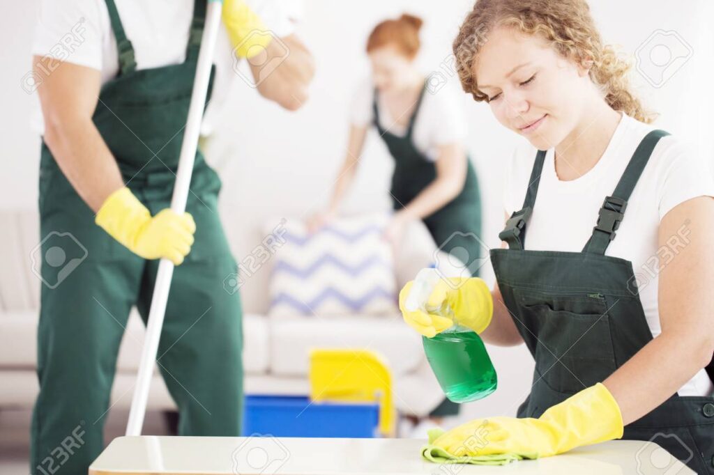 97824913 trabajadora con un limpiador de mesa en una mano y un pano suave en la otra 1